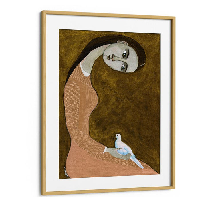 girl with dove sitting with pink dress ii women illustration paintings in Oak Wood Frame With Mount