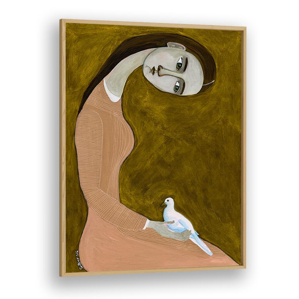 girl with dove sitting with pink dress ii women illustration paintings in Oak Wood Plain Frame