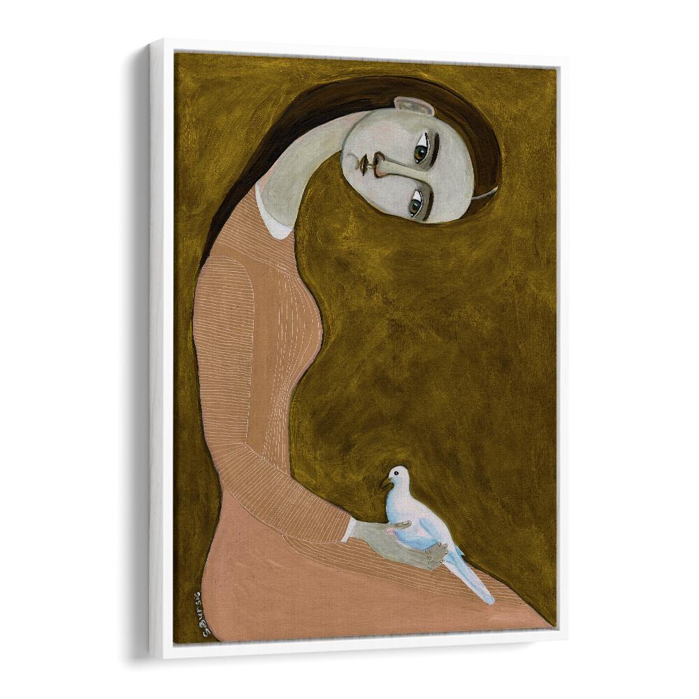 girl with dove sitting with pink dress ii women illustration paintings in White Floater Frame