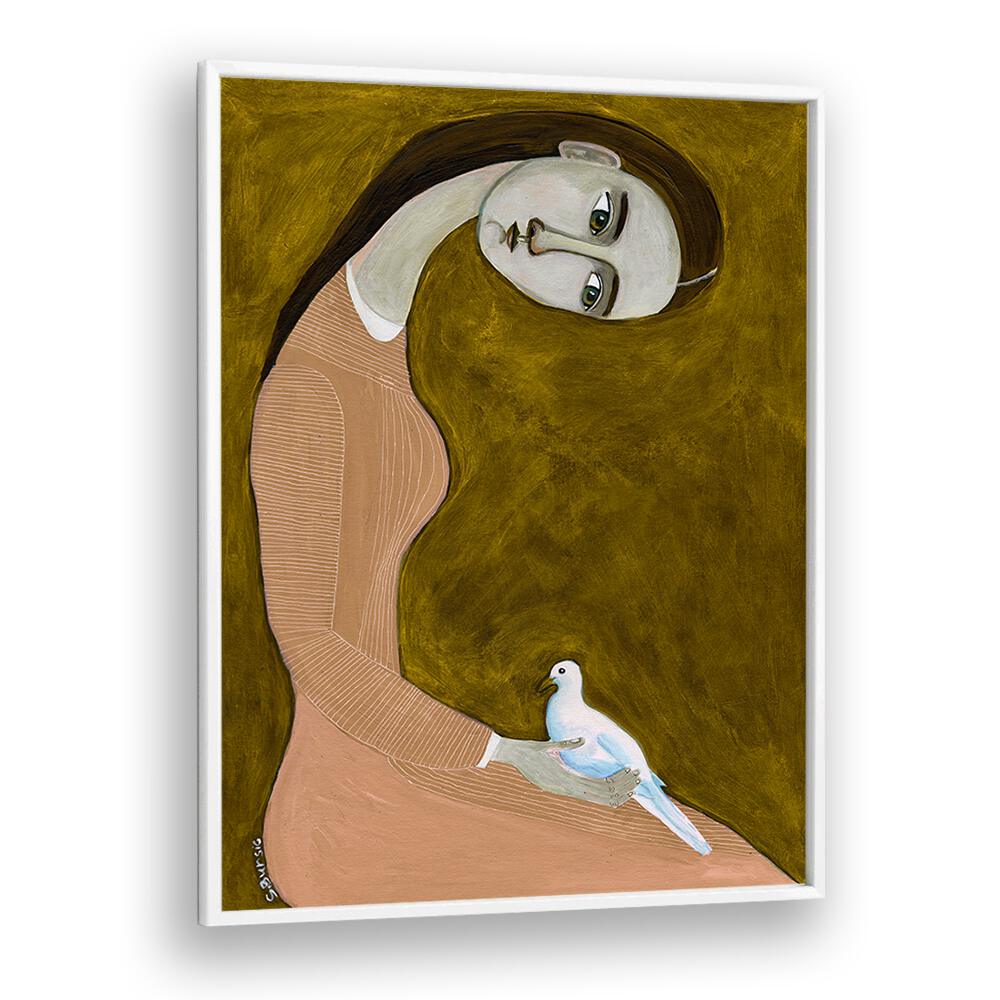 girl with dove sitting with pink dress ii women illustration paintings in White Plain Frame