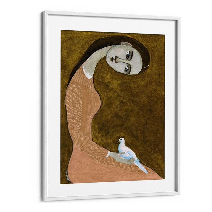 girl with dove sitting with pink dress iiwomen illustration paintings in White Frame With Mount