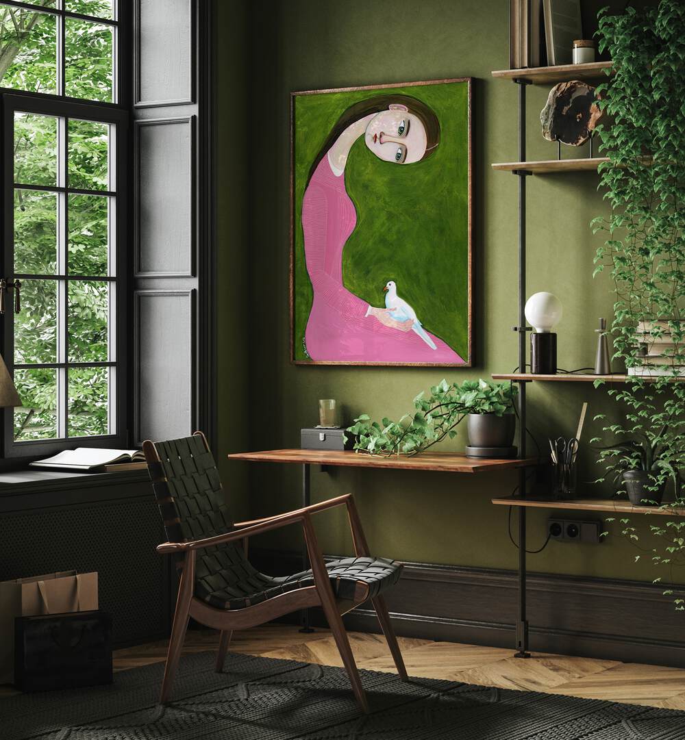 girl with dove sitting with pink dress women illustration paintings Artwork I placed on a wall