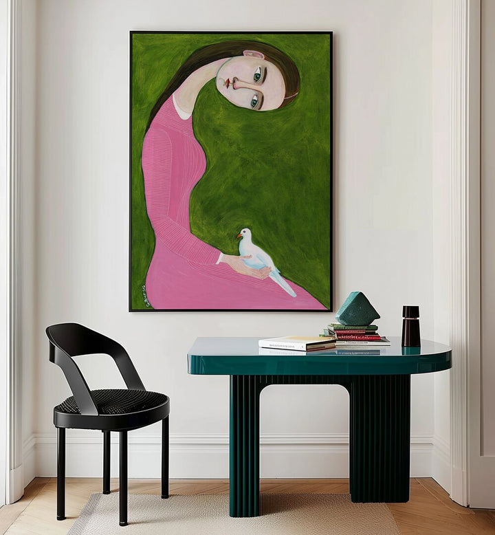 girl with dove sitting with pink dress women illustration paintings Artwork I placed on a wall