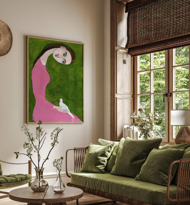 girl with dove sitting with pink dress women illustration paintings Artwork III placed on a wall