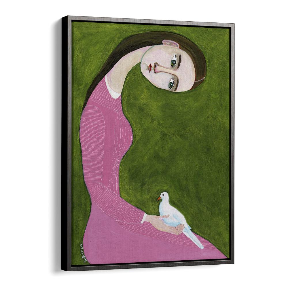 girl with dove sitting with pink dress women illustration paintings in Black Floater Frame