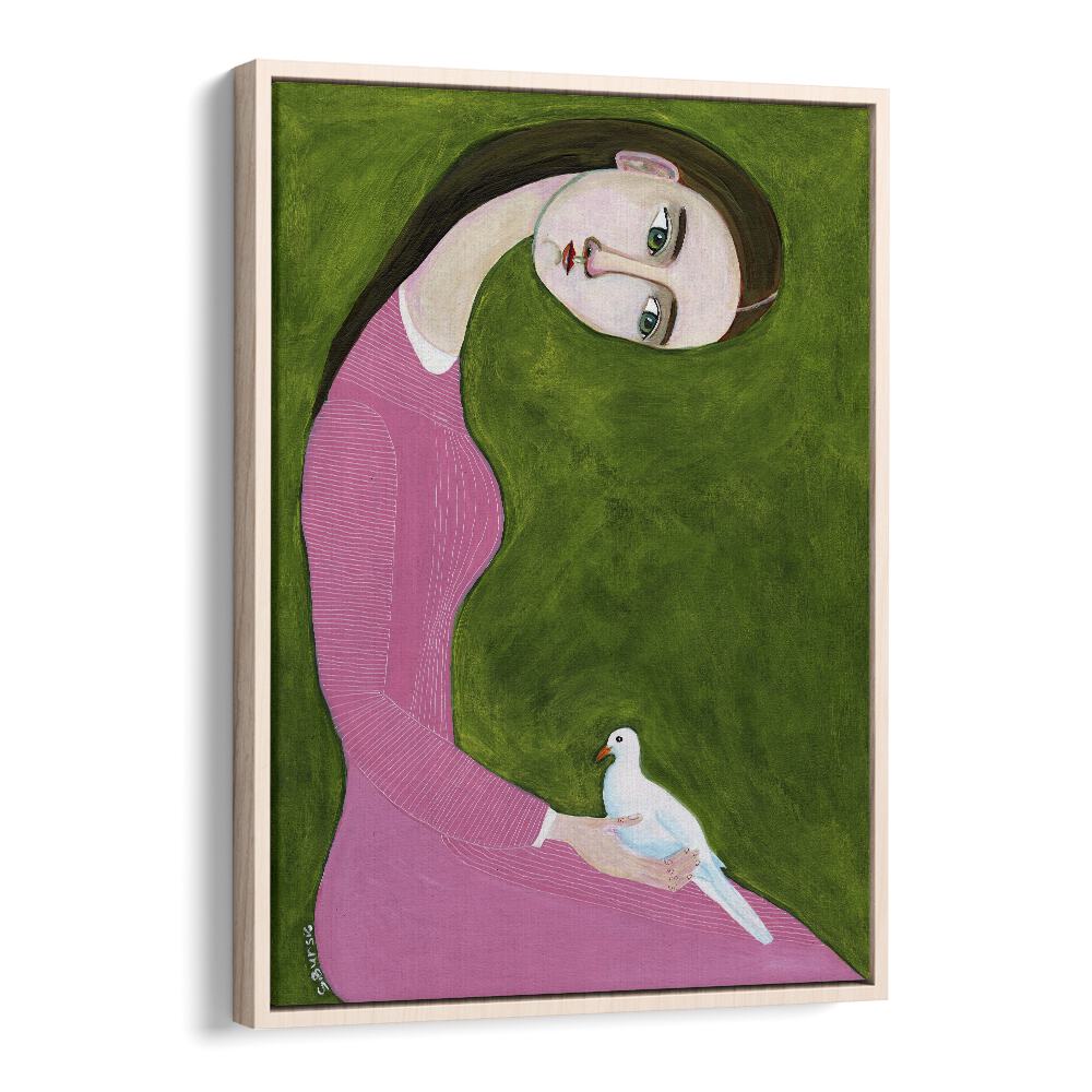 girl with dove sitting with pink dress women illustration paintings in Oak Wood Floater Frame