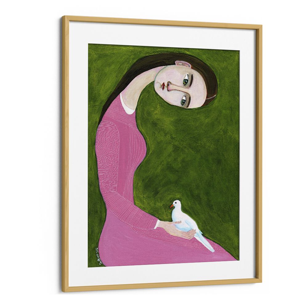 girl with dove sitting with pink dress women illustration paintings in Oak Wood Frame With Mount