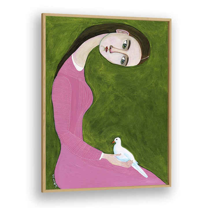 girl with dove sitting with pink dress women illustration paintings in Oak Wood Plain Frame