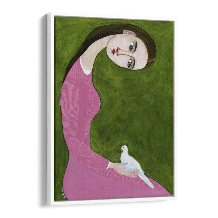 girl with dove sitting with pink dress women illustration paintings in White Floater Frame