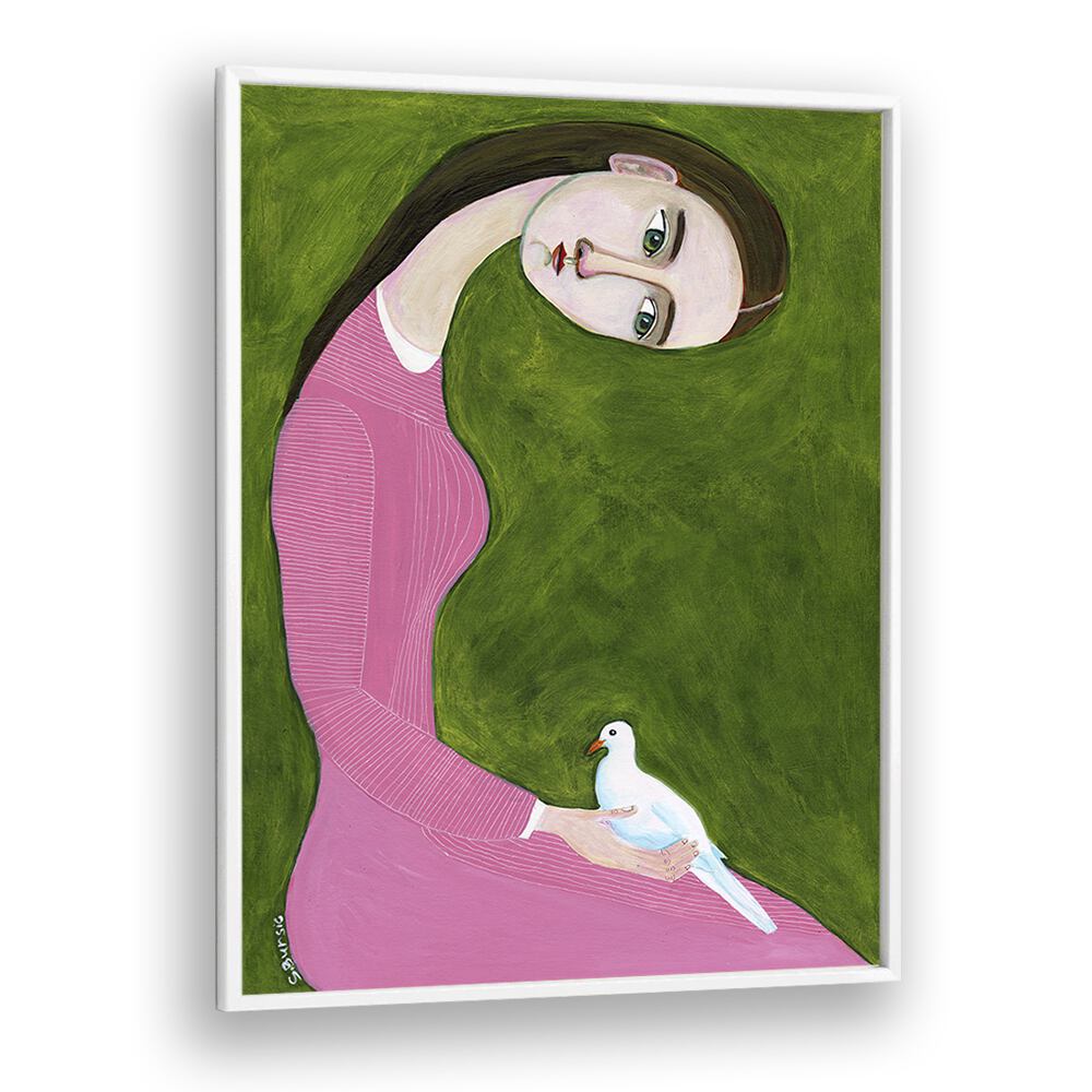 girl with dove sitting with pink dress women illustration paintings in White Plain Frame