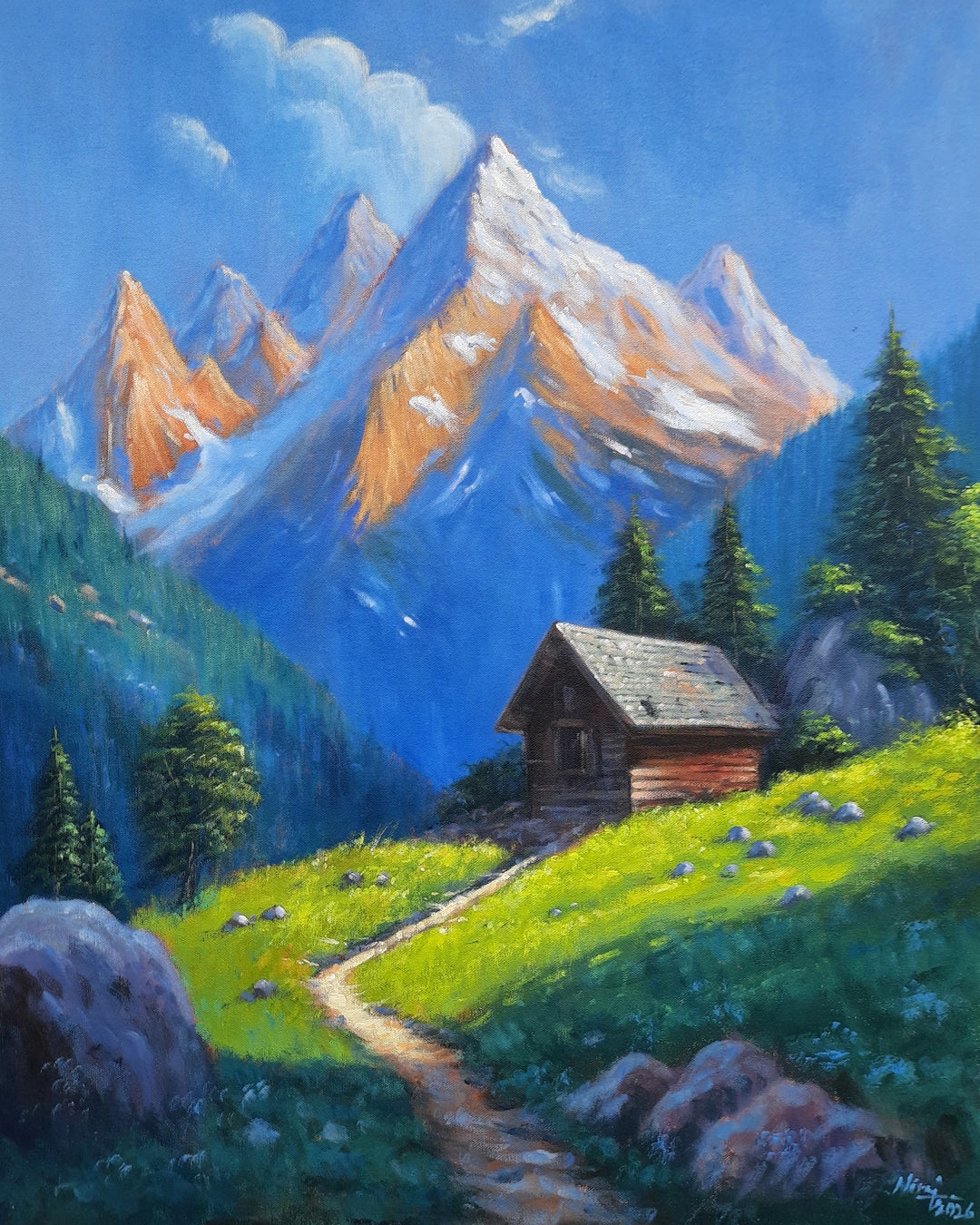 GOLDEN ALPINE CABIN - ORIGINAL NATURE  , HANDMADE ARTWORKS