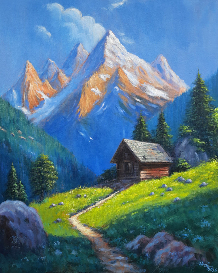 GOLDEN ALPINE CABIN - ORIGINAL NATURE  , HANDMADE ARTWORKS