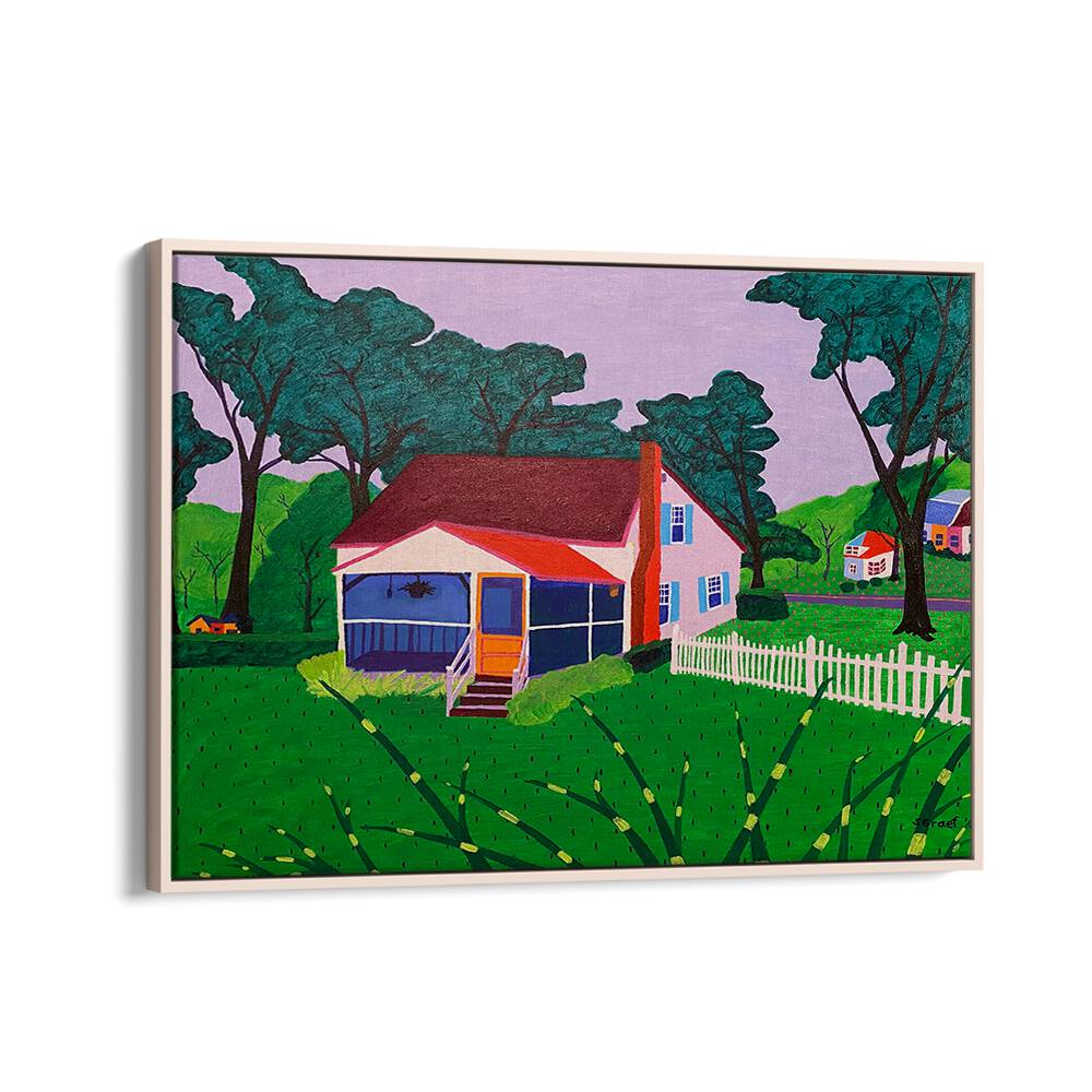 grandma and grandpa's house landscape art prints in Oak Wood Floater Frame