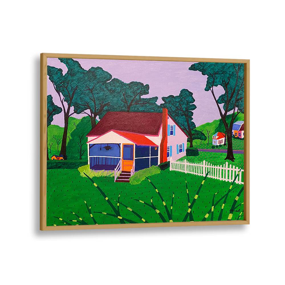 grandma and grandpa's house landscape art prints in Oak Wood Plain Frame
