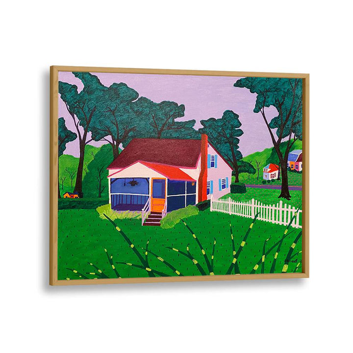 grandma and grandpa's house landscape art prints in Oak Wood Plain Frame