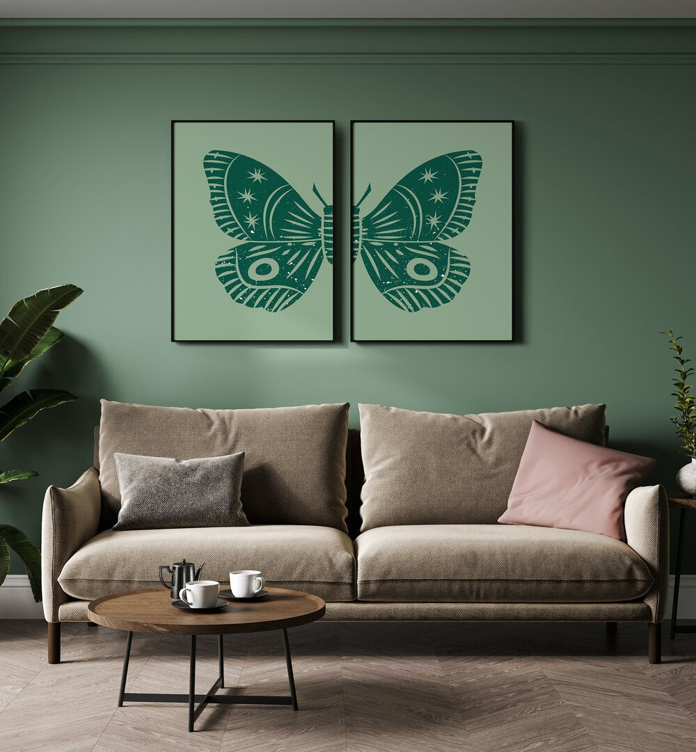 green butterfly set of 2 Artwork III placed on a wall