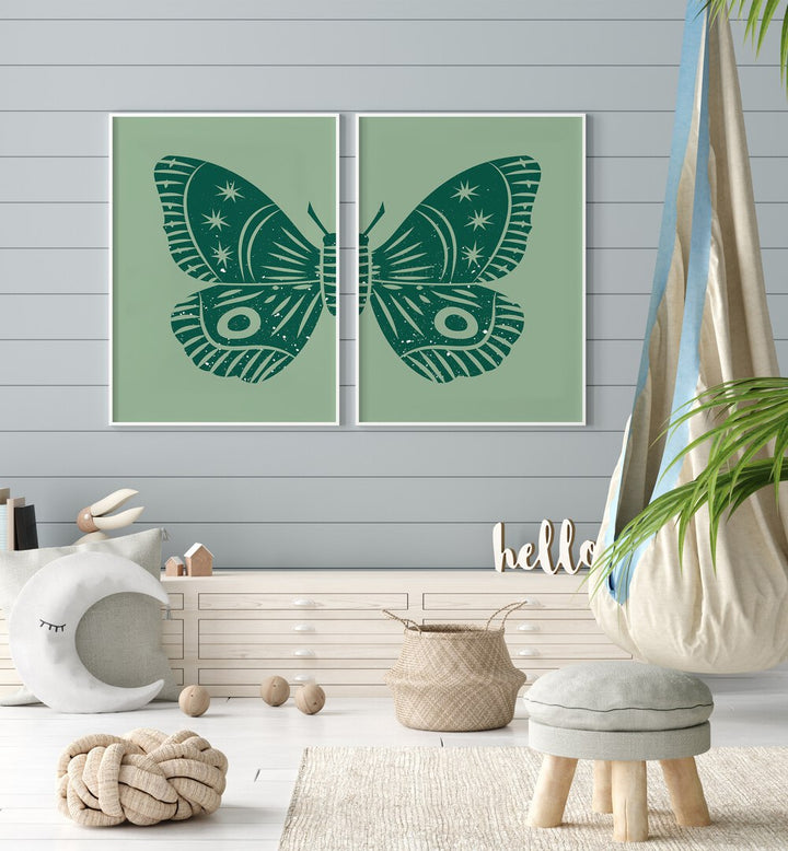 green butterfly set of 2 Artwork VII placed on a wall