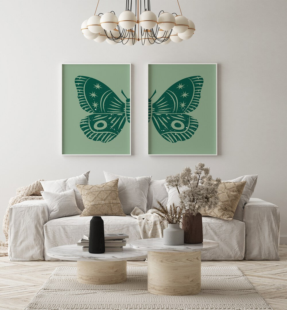 green butterfly set of 2 Artwork VII placed on a wall