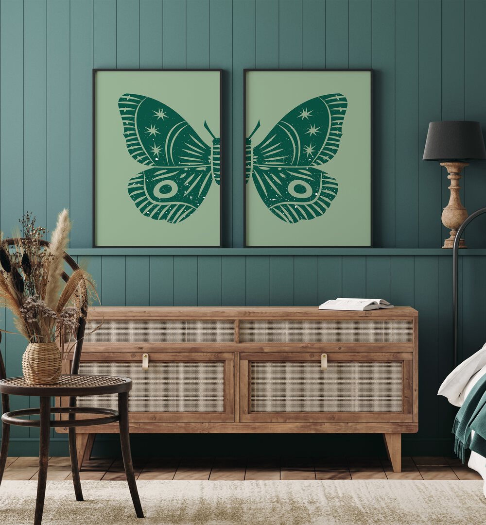 green butterfly set of 2 Artwork VI placed on a wall