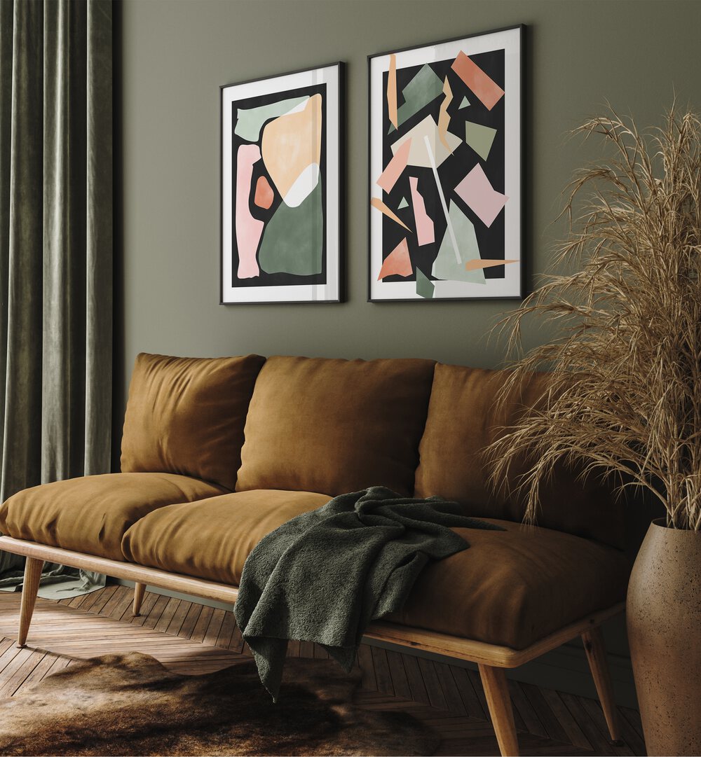 Elegant GREEN GEOMETRICAL RIPPLES, SET OF 2 PAINTINGS, perfect for adding contemporary style to your home decor.