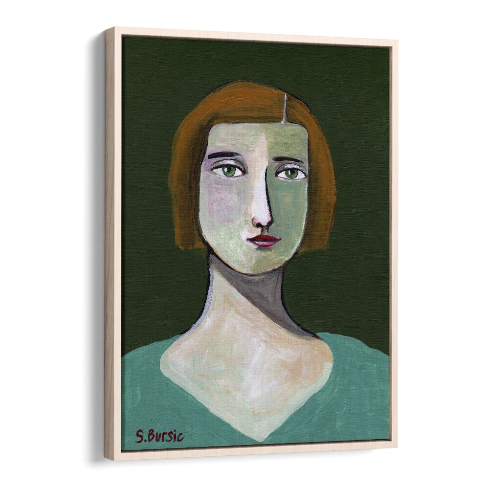 green lady women illustration paintings in Oak Wood Floater Frame