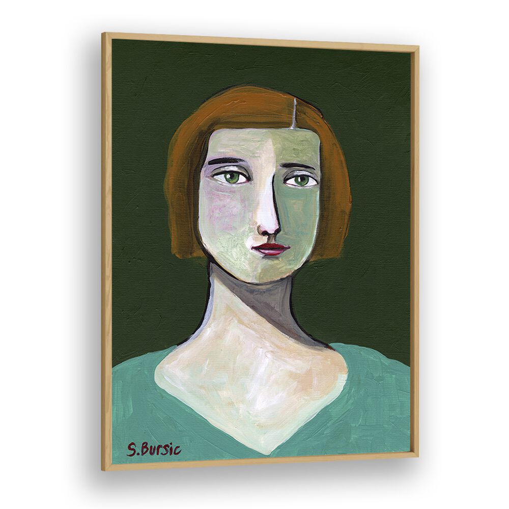 green lady women illustration paintings in Oak Wood Plain Frame