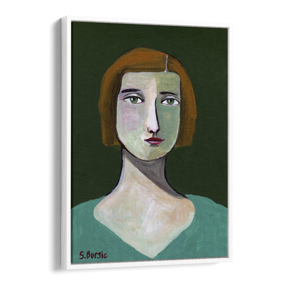 green lady women illustration paintings in White Floater Frame