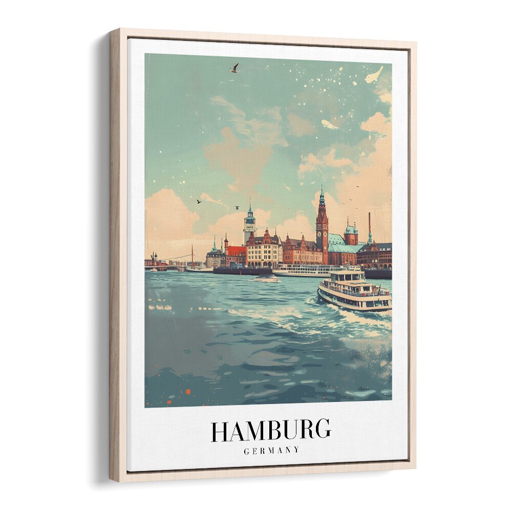 hamburg city-germany travel posters in Oak Wood Floater Frame