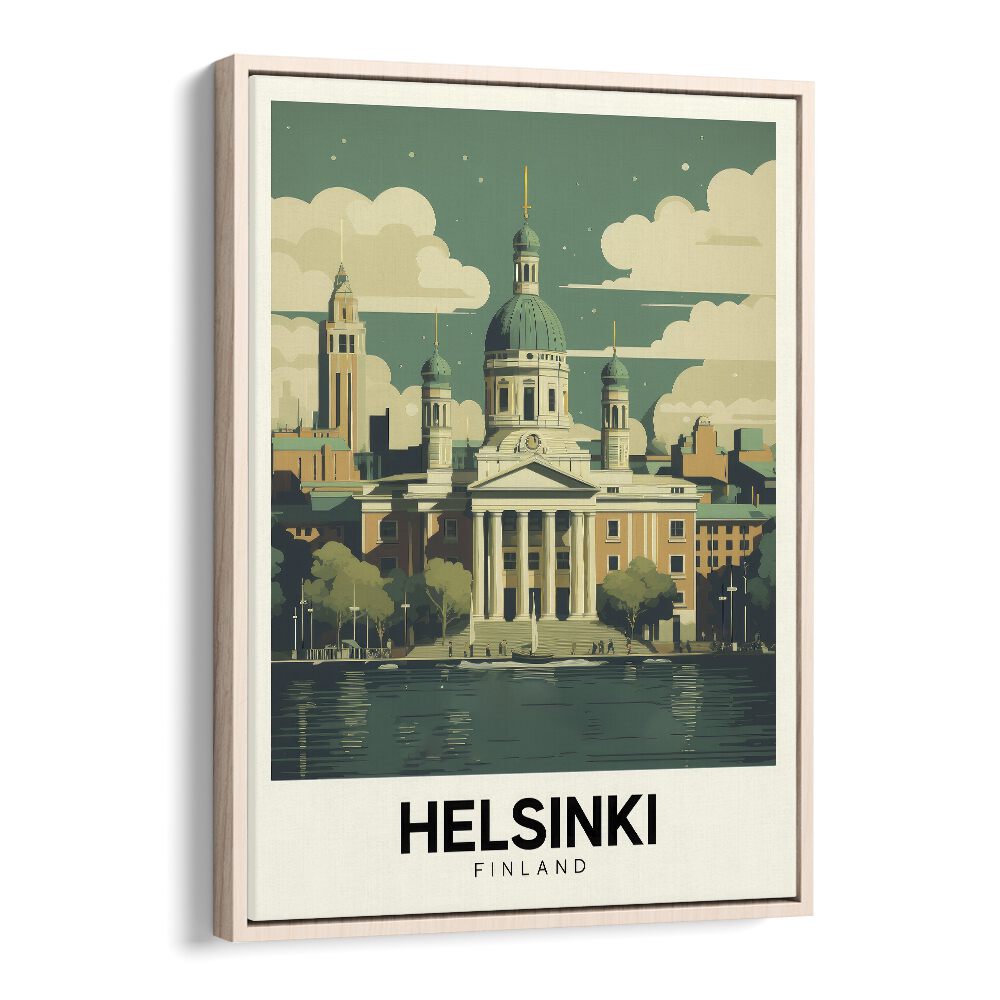 helsinki-finland travel posters in Oak Wood Floater Frame