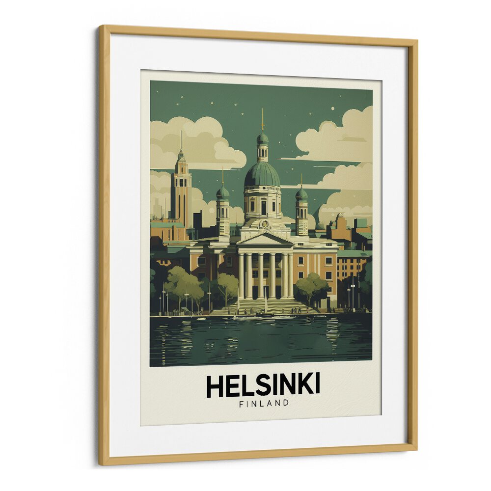 helsinki-finland travel posters in Oak Wood Frame With Mount