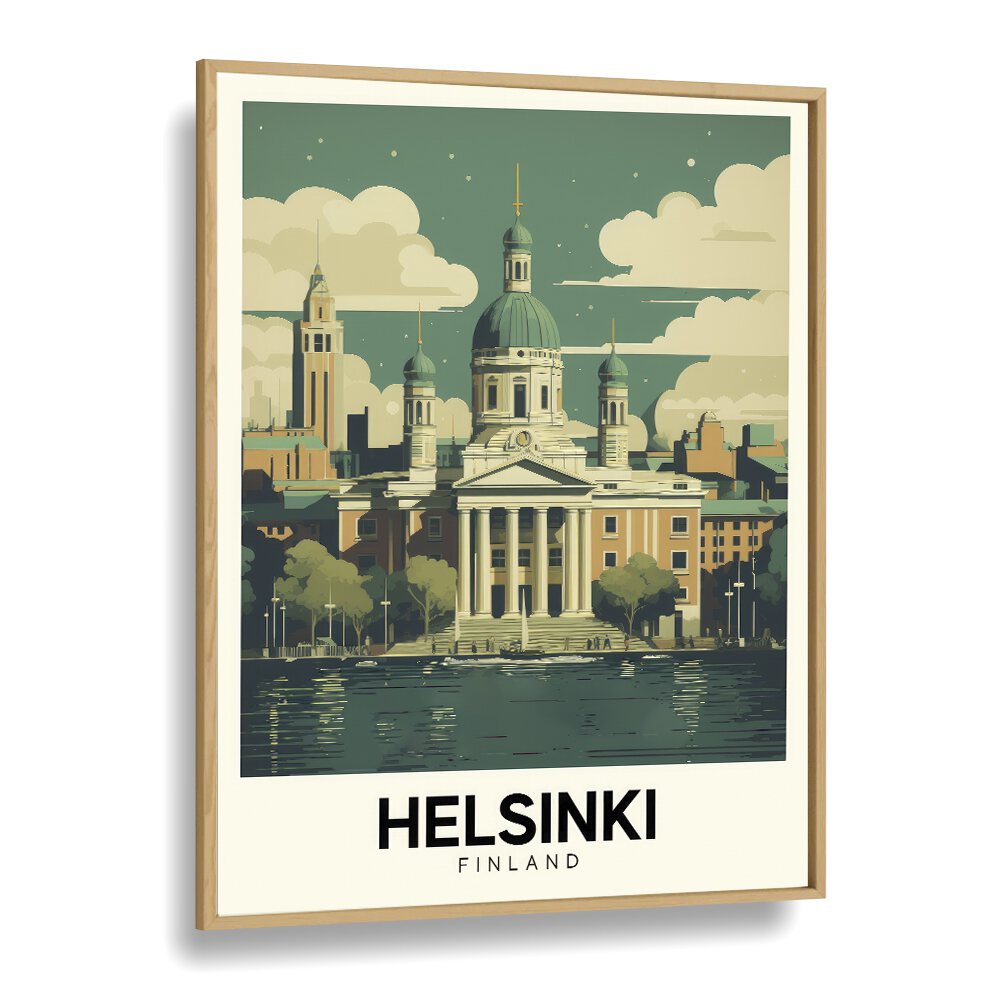 helsinki-finland travel posters in Oak Wood Plain Frame