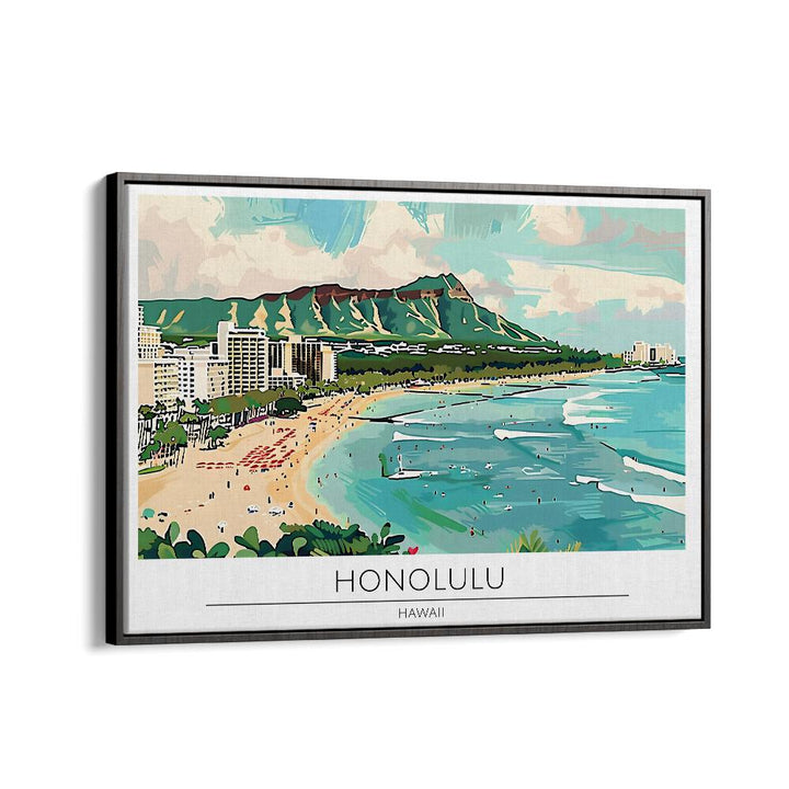 honolulu city-hawaii travel posters in Black Floater Frame