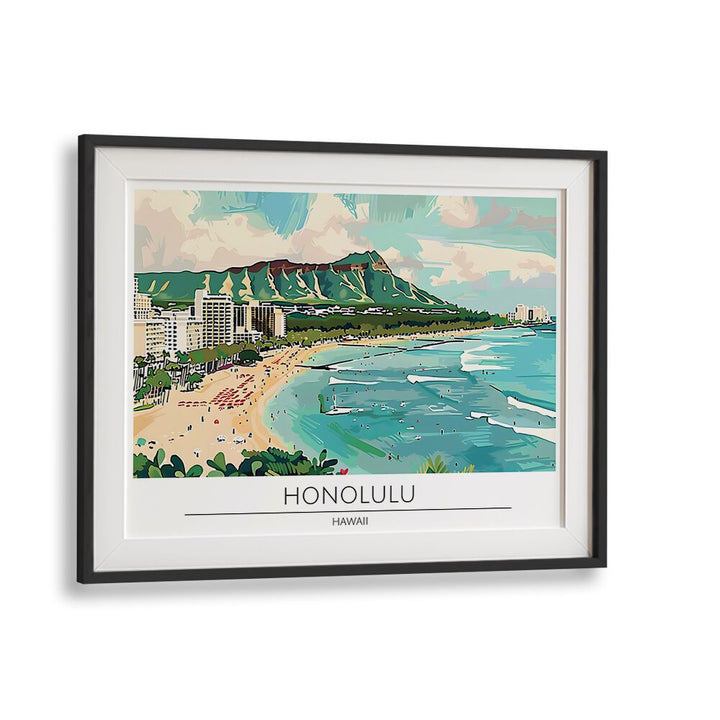 honolulu city-hawaii travel posters in Black Frame With Mount