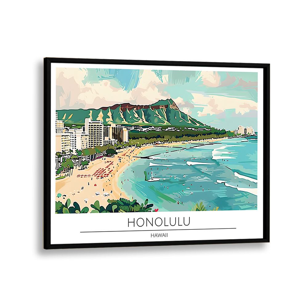 honolulu city-hawaii travel posters in Black Plain Frame