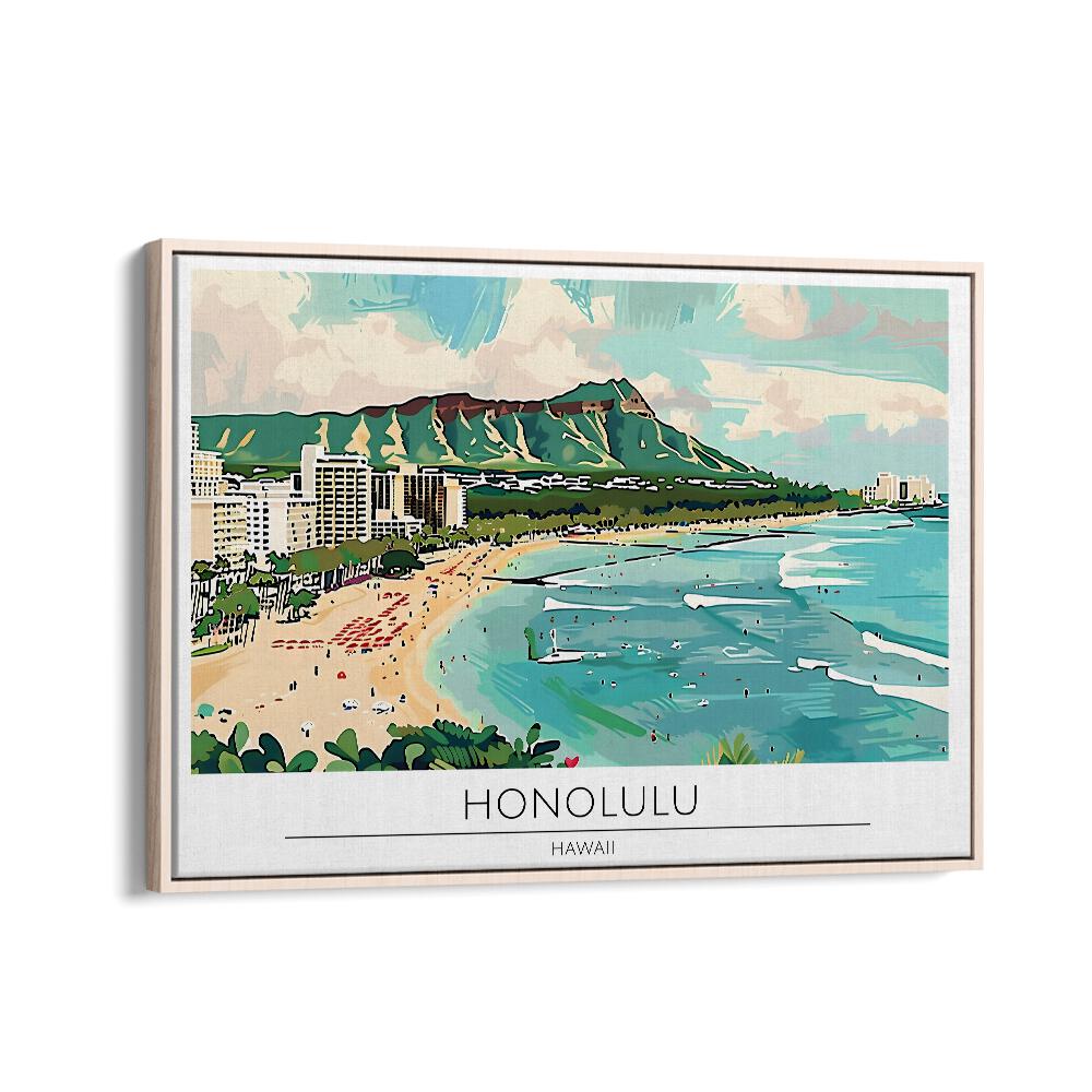 honolulu city-hawaii travel posters in Oak Wood Floater Frame