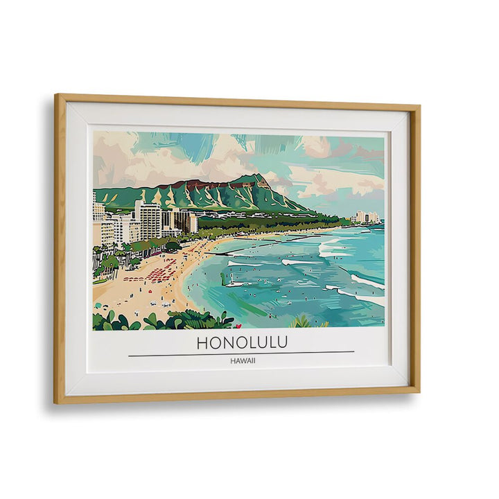 honolulu city-hawaii travel posters in Oak Wood Frame With Mount