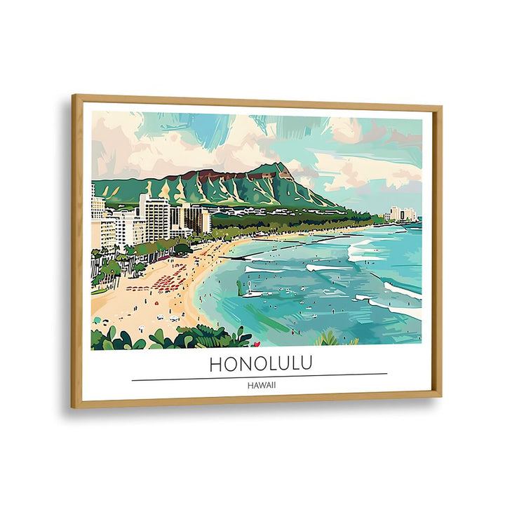 honolulu city-hawaii travel posters in Oak Wood Plain Frame