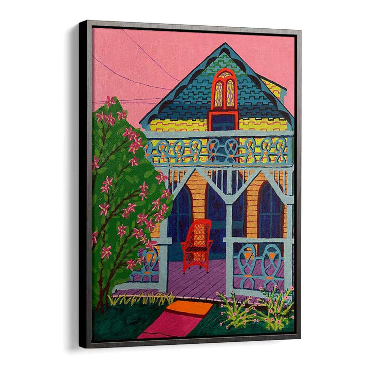 house with pink flowers landscape art prints in Black Floater Frame