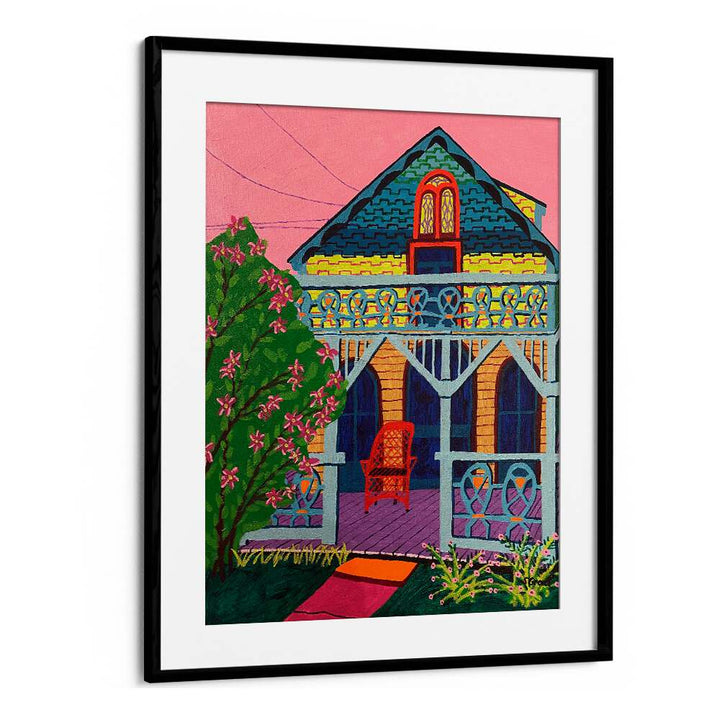 house with pink flowers landscape art prints in Black Frame With Mount