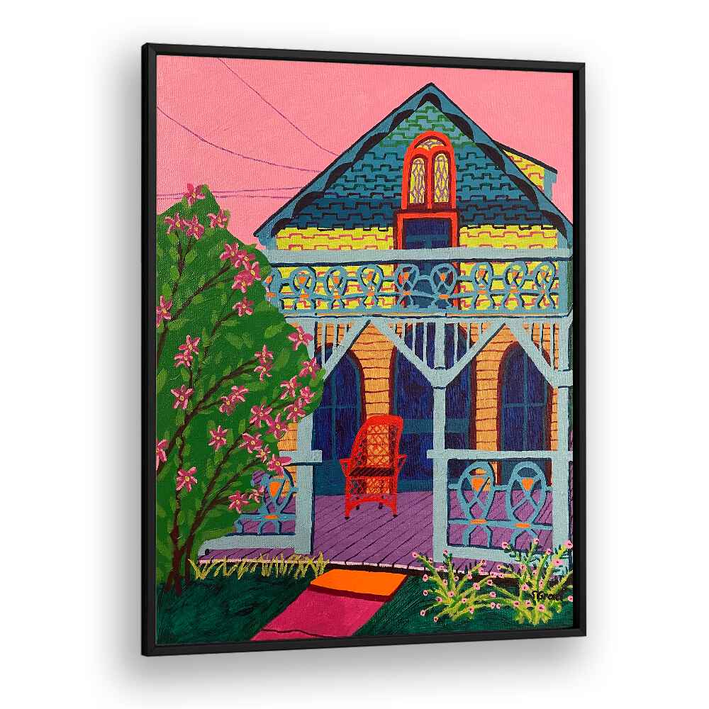 house with pink flowers landscape art prints in Black Plain Frame