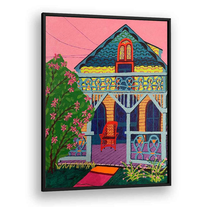 house with pink flowers landscape art prints in Black Plain Frame