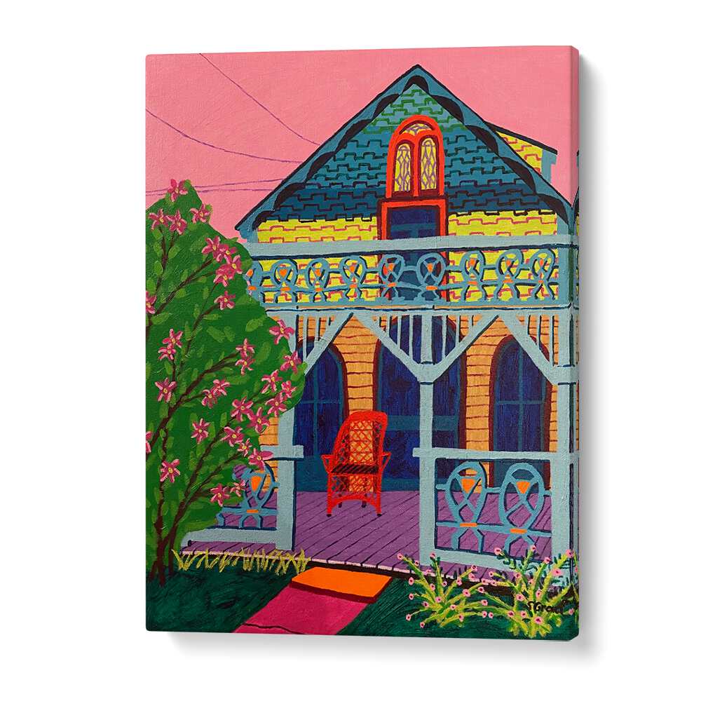 house with pink flowers landscape art prints in Gallery Wrap
