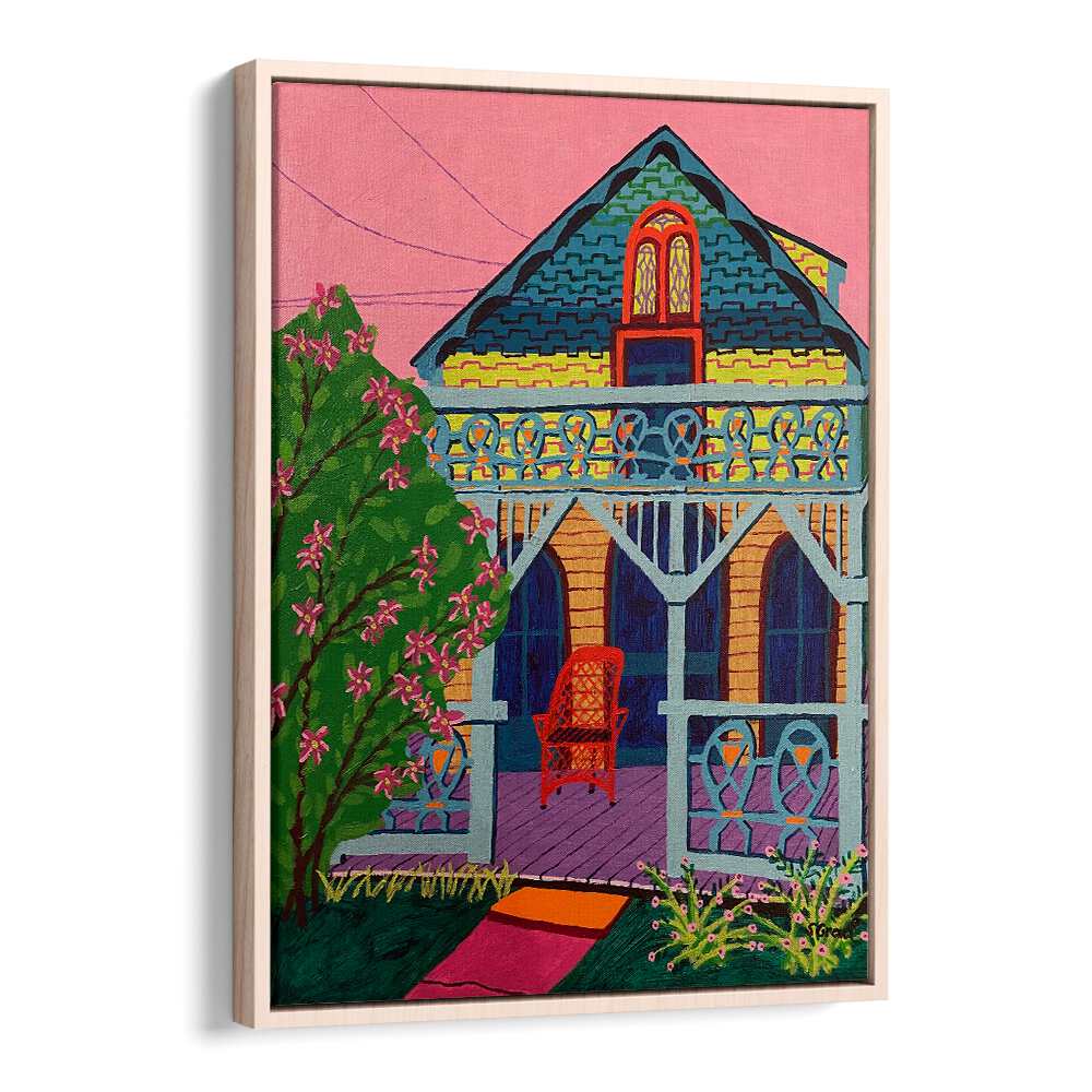house with pink flowers landscape art prints in Oak Wood Floater Frame