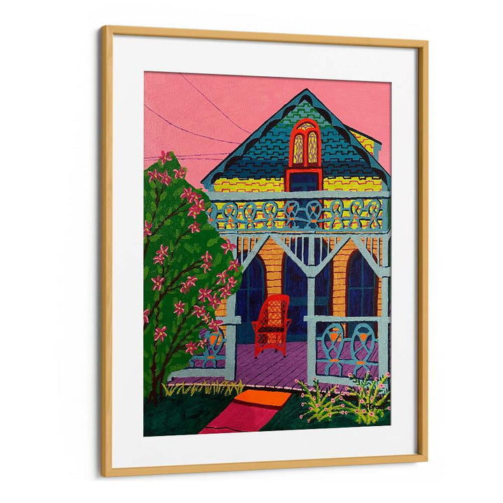house with pink flowers landscape art prints in Oak Wood Frame With Mount