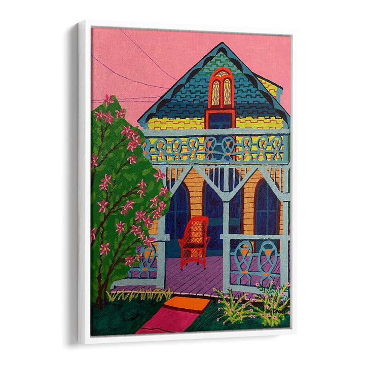 house with pink flowers landscape art prints in White Floater Frame