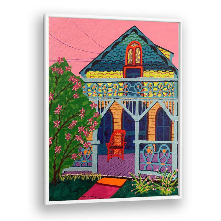 house with pink flowers landscape art prints in White Plain Frame