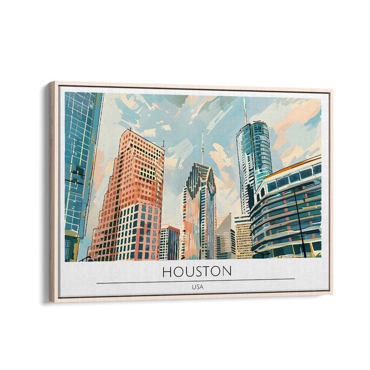 houston city-usa travel posters in Oak Wood Floater Frame