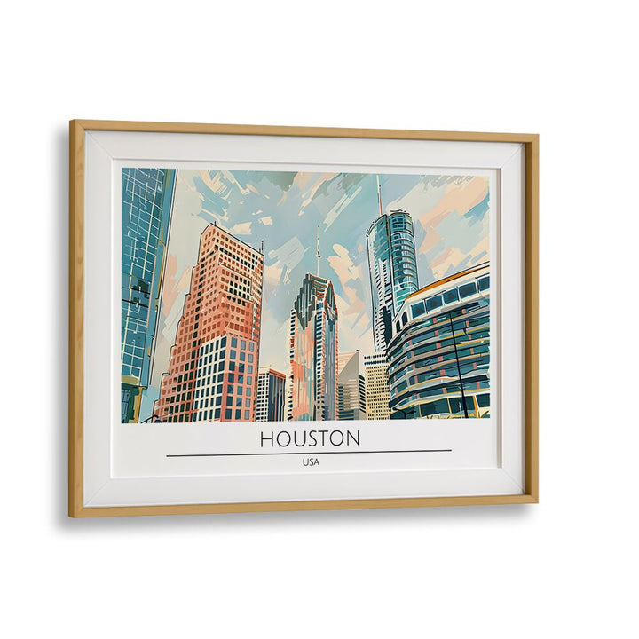 houston city-usa travel posters in Oak Wood Frame With Mount