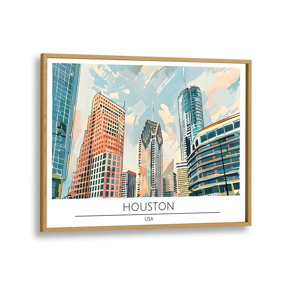 houston city-usa travel posters in Oak Wood Plain Frame