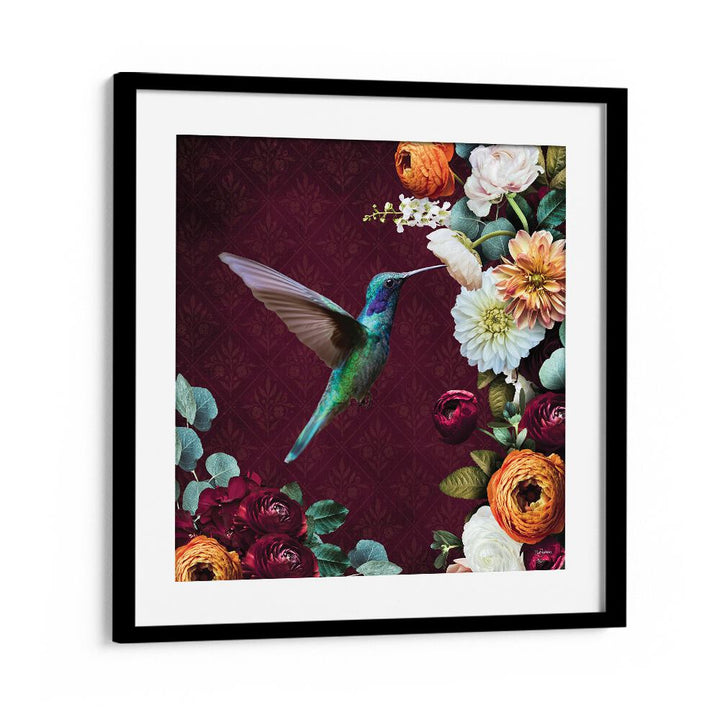 hummingbird a flowers by sue skellern wildlife posters wildlife paintings in Black Frame With Mount